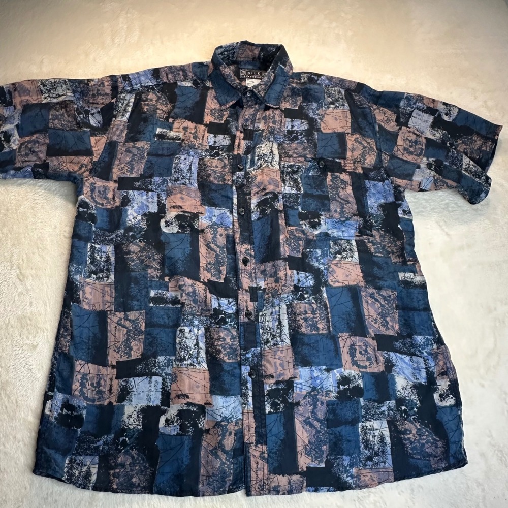 VNTG Silk Company Men 100% Silk Abstract Geometric Patchwork Short Sleeve Shirt